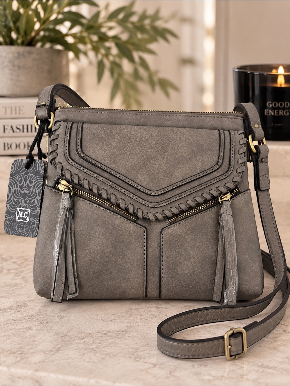Stylish Gray Women's Crossbody Bag with Tassel Accent